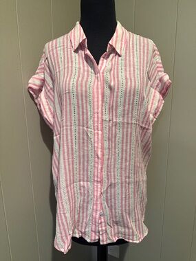 B38 Rails Women’s Large Pink and White Striped Button-Down Shirt